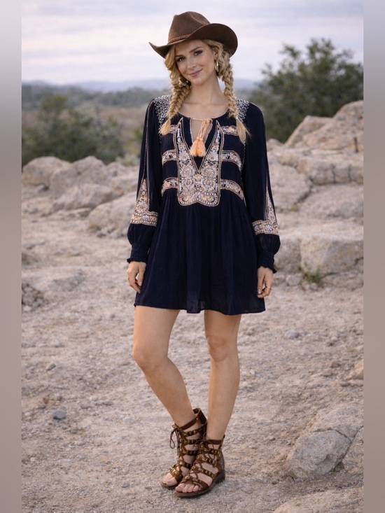 Free People Dresses & Skirts - Free People Wind Willow Embroidered Boho V-Neck Tassel Mini Dress S Black